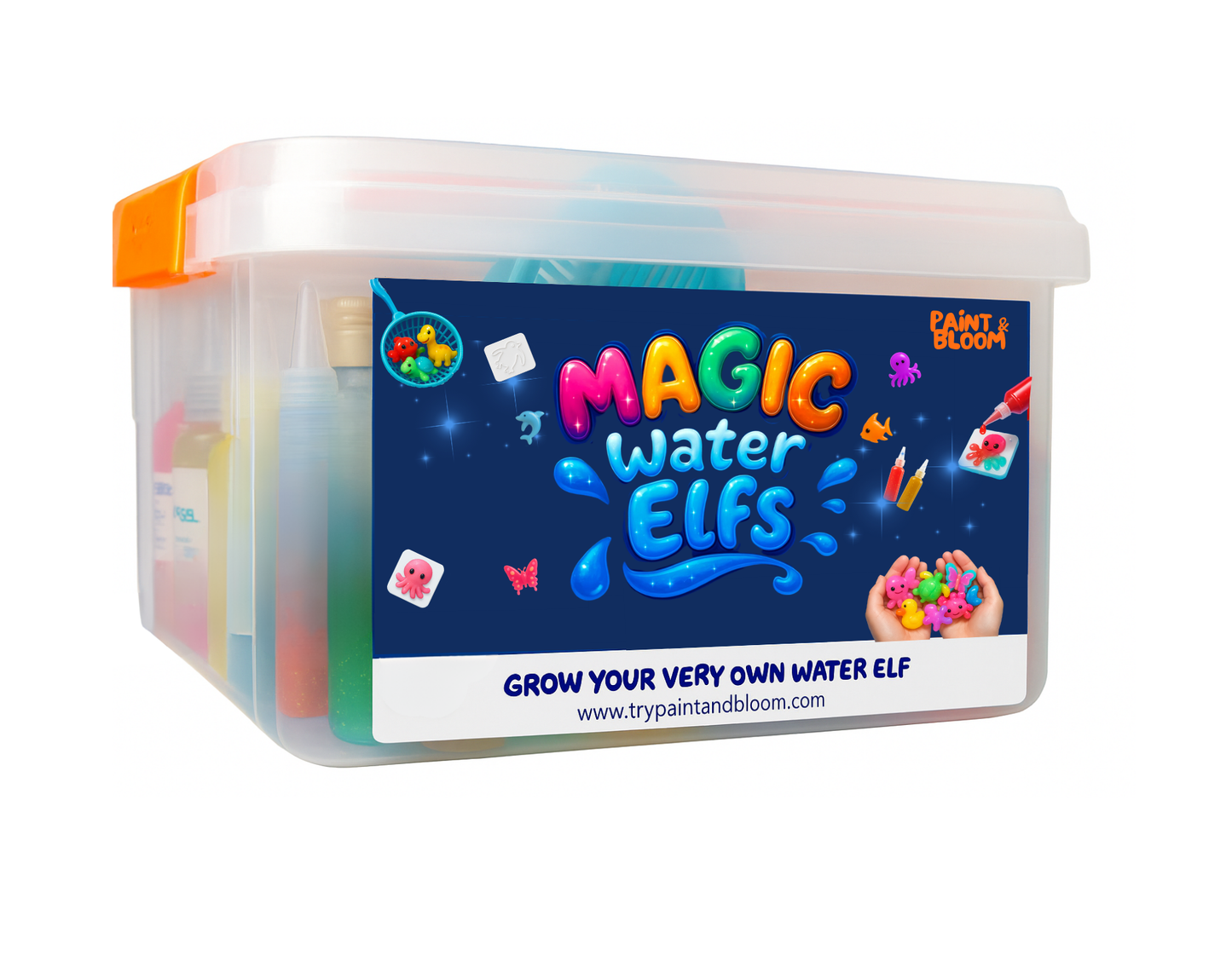 Container of Magic Water Elves with colorful packaging on a white background-fr-de-nl-es-da-it